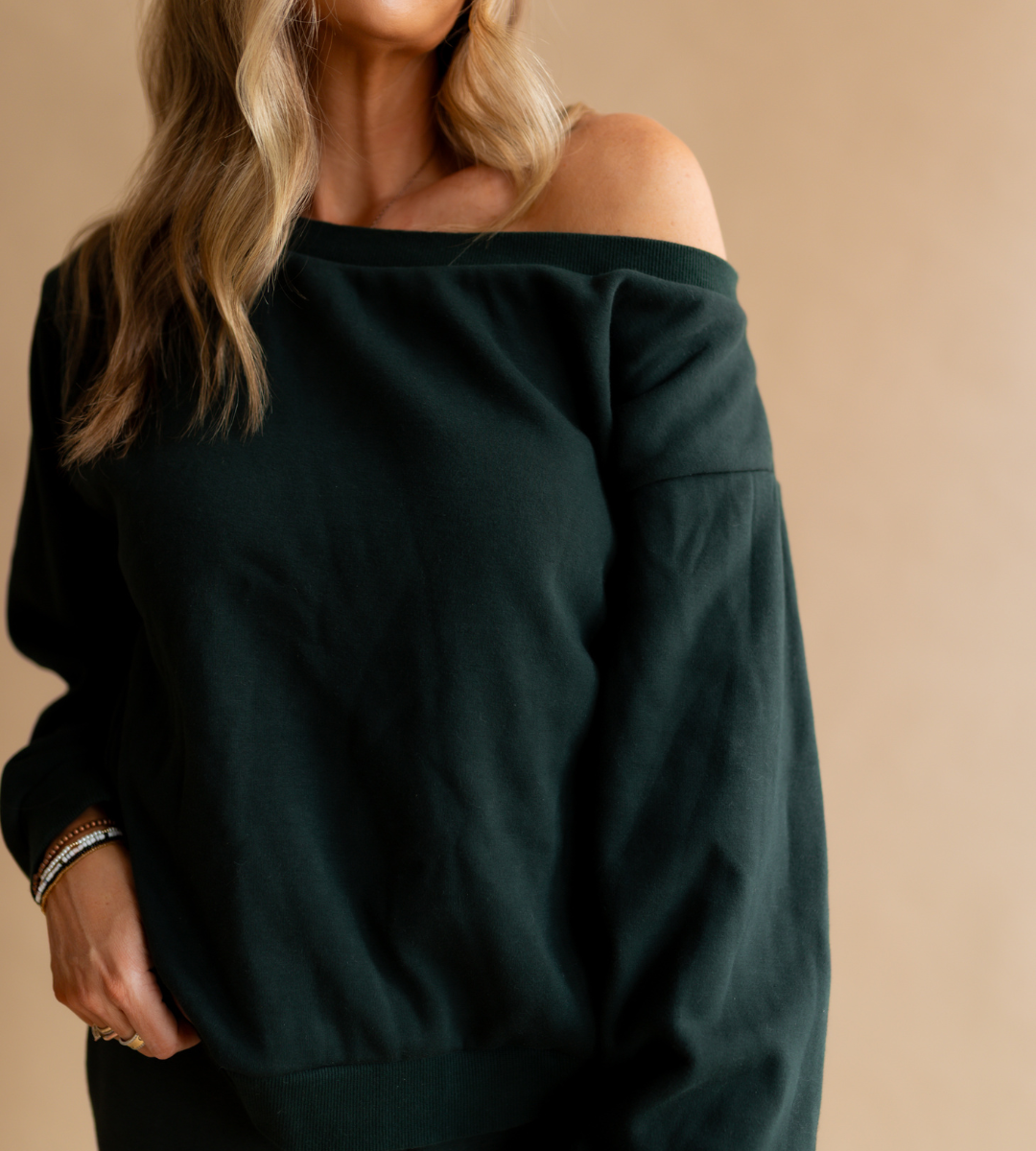 Hunter Green Off The Shoulder Sweatshirt